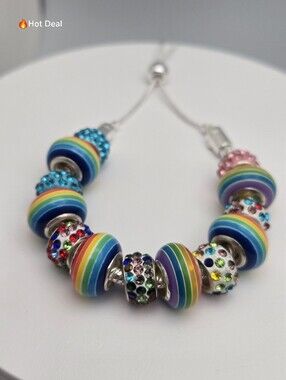 Rainbow Charm Bracelet Rhinestone European Beads Adjustable 8" Pandora Style